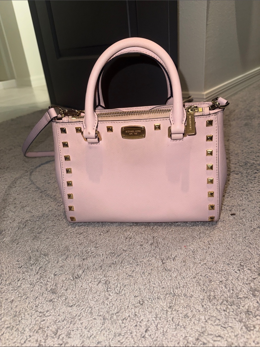 Michael Kors Dusty Pink Studded Saffiano Satchel with Gold Hardware